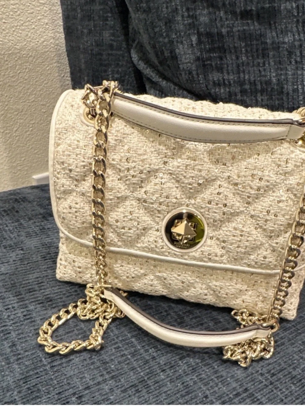 kate spade Cream Tweed Shoulder Bag with Gold Chain